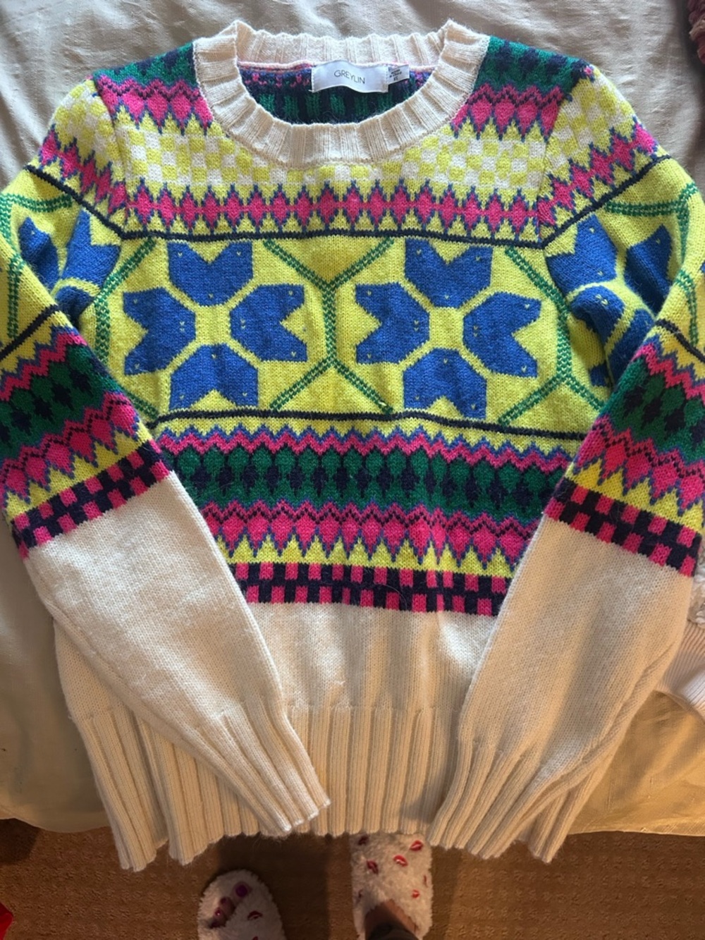 Greylin Cream Yellow Blue Pink Green Fair Isle Crewneck Sweater